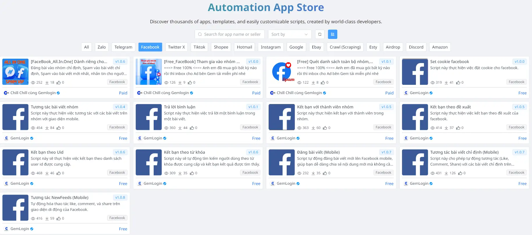 用于自动培养并与 Gemlogin 商店中的大量 FB 帐户进行互动的软件